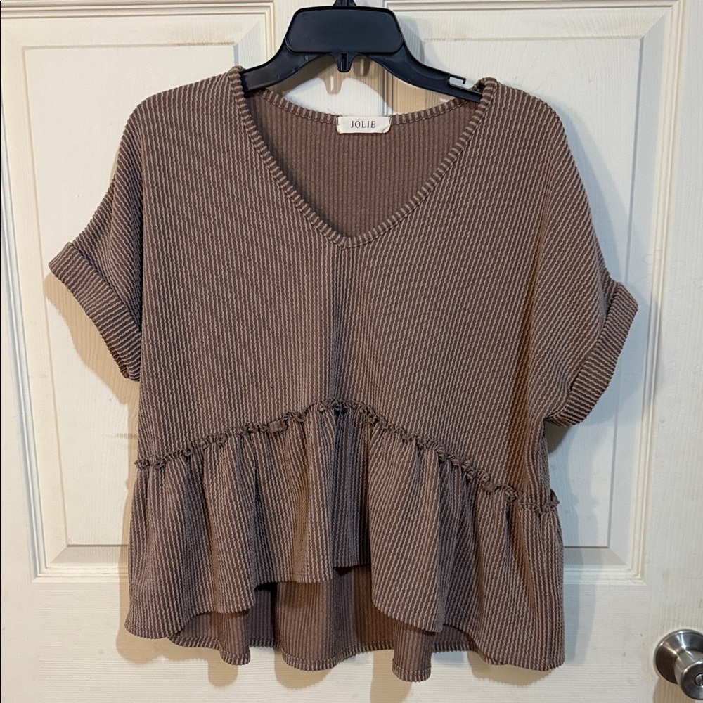 Jolie Women's Tan Ruffle V-Neck Blouse